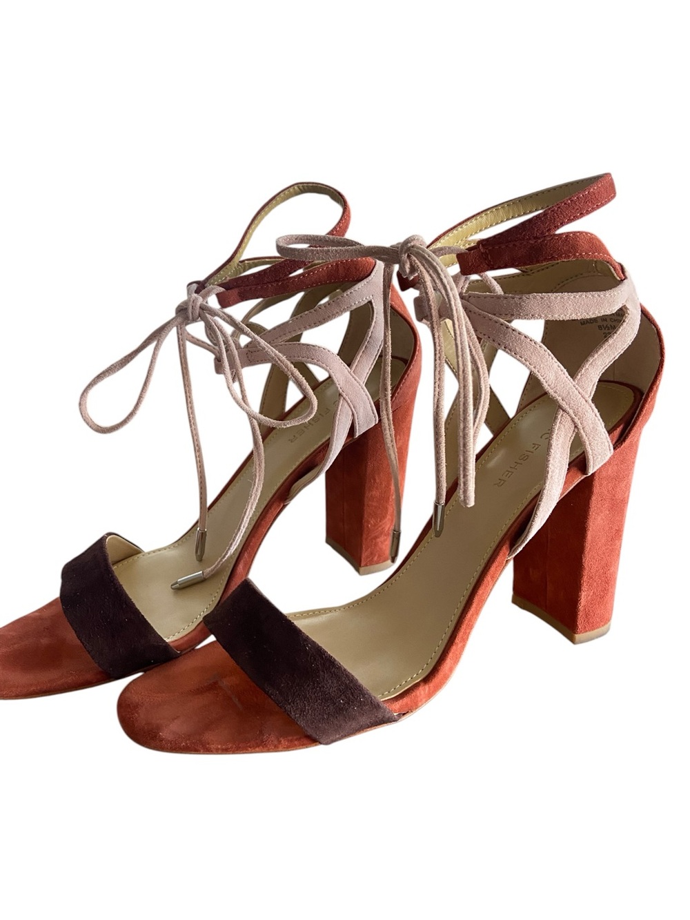 Marc Fisher Suede Two-Tone Lace-Up Block Heel Sandals - Rust & Blush - Picture 4 of 13